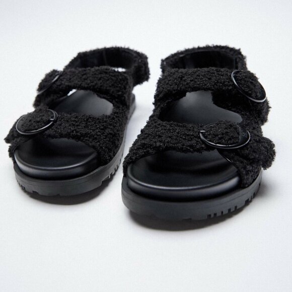 ZARA BLACK FLAT SLIDER SANDALS TWEED FABRIC RHINESTONES. SIZE US 9 3663/110/800 - Picture 1 of 7